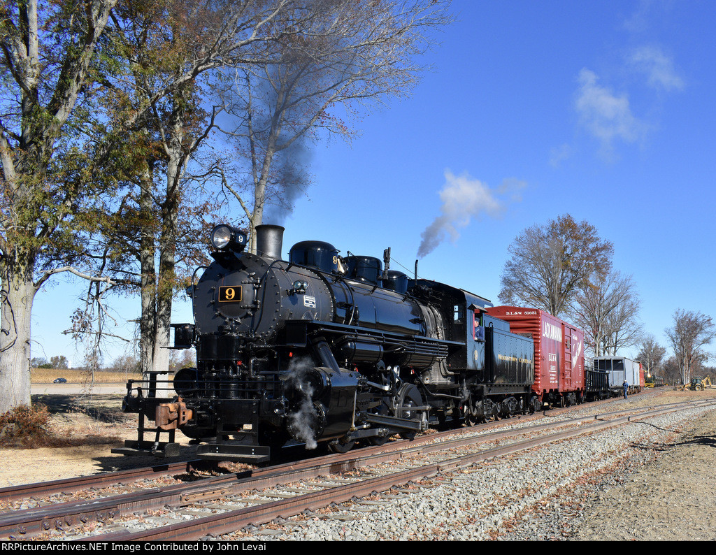 The 0-6-0 9 pushes the freight charter special back toward the S. Woodstown boarding platform